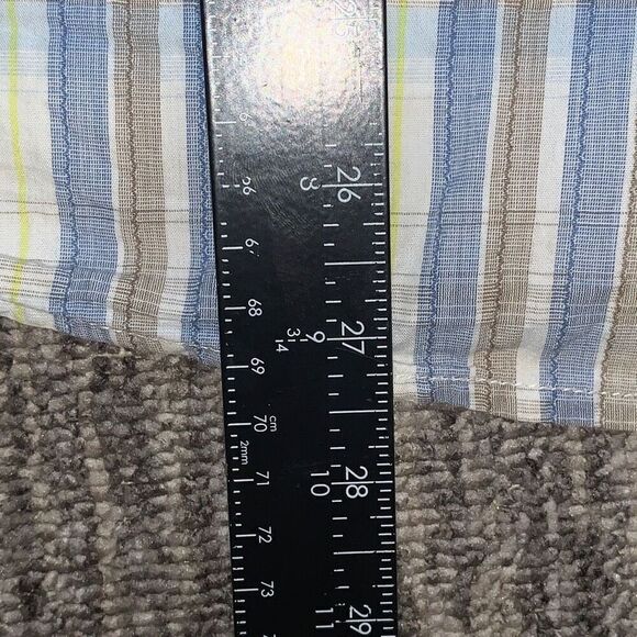 Mountain Hard Wear Men Size Medium Snap Button Shirt Blue Tan White Short Sleeve - Picture 5 of 6